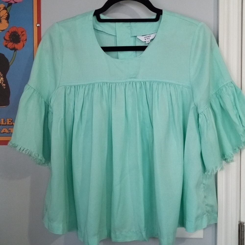Crown and Ivy Mint Blue-Green Babydoll Pleated Bell Sleeve Blouse - Picture 11 of 13
